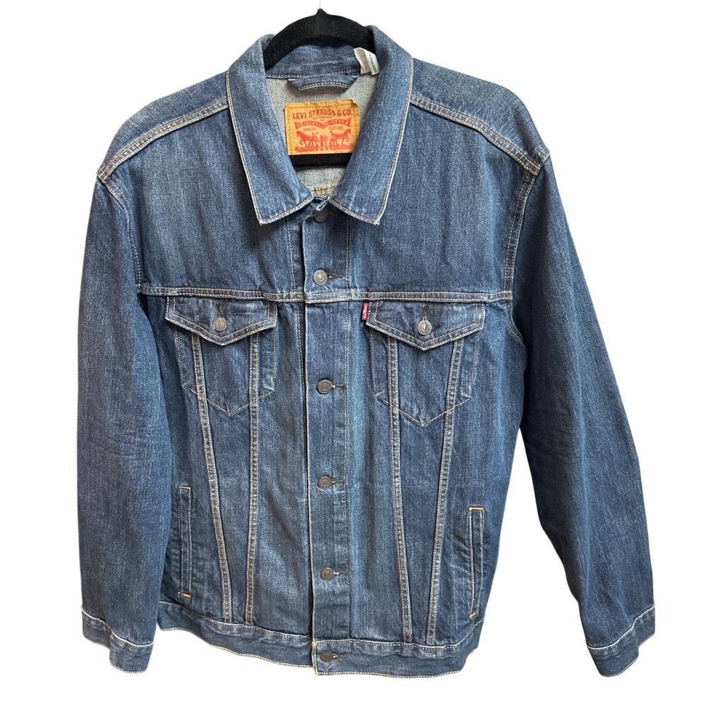 Levis 72334 Mens XXL Medium Wash Blue Denim Trucker Jacket Classic Red Tab Coat